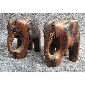 Vtg Hand Carved Wooden Elephant Figurines Set Of 2 Rustic Home Decor